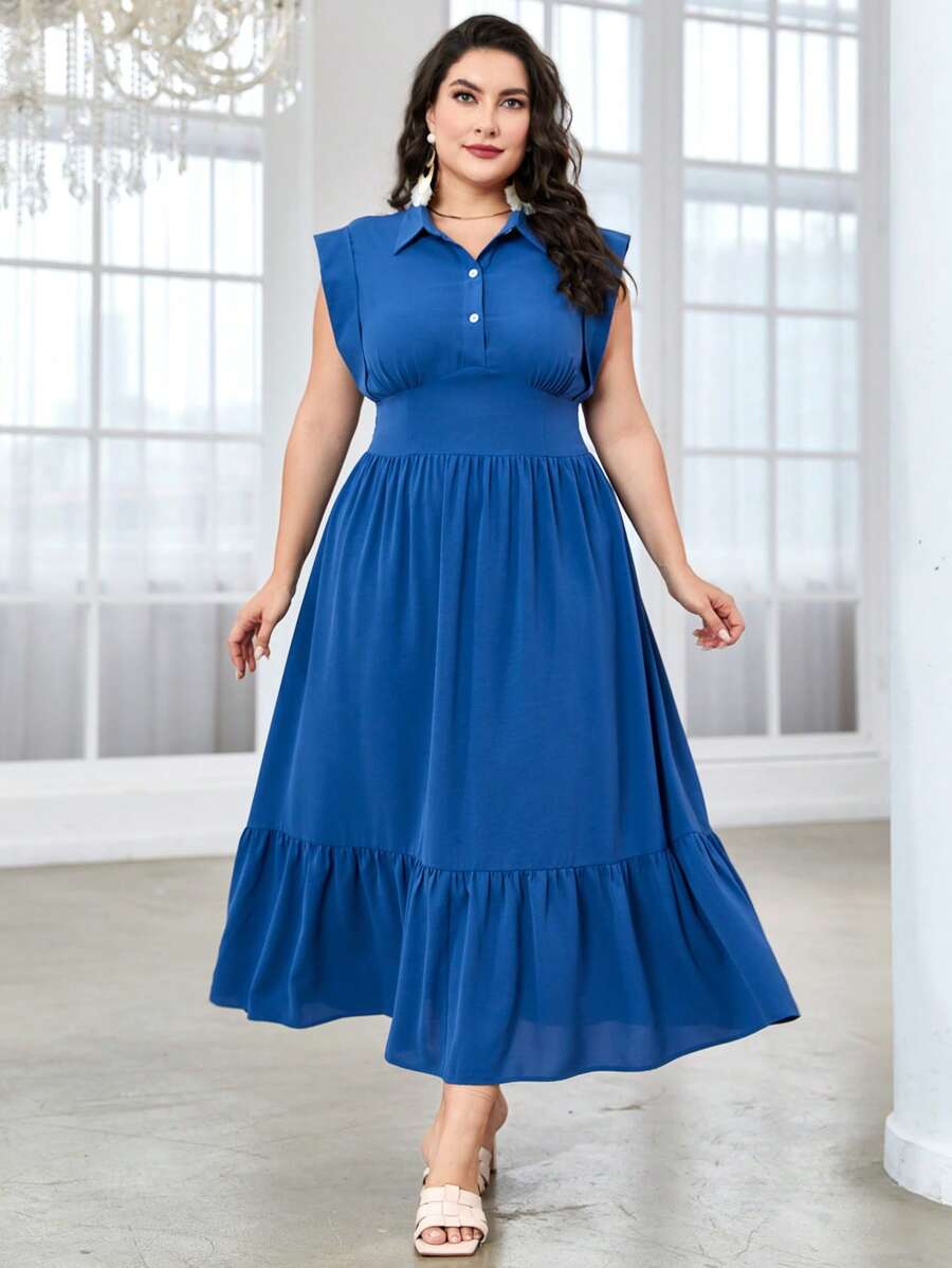 Mulvari Plus Solid Button Front Ruffle Hem Dress