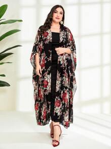 Modelyn Plus Floral Print Batwing Sleeve Coat & Dress - Black - View 6
