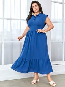 Mulvari Plus Solid Button Front Ruffle Hem Dress
