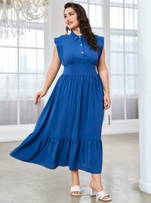 Mulvari Plus Solid Button Front Ruffle Hem Dress