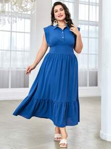 Mulvari Plus Solid Button Front Ruffle Hem Dress
