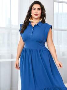 Mulvari Plus Solid Button Front Ruffle Hem Dress