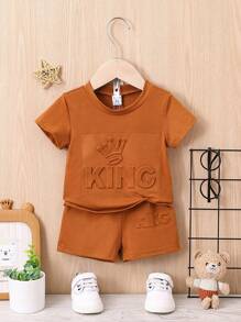 男嬰字母壓紋T恤和短褲 - 棕色 - 查看 1