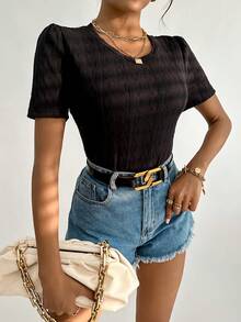 SHEIN Essnce Chất rắn Vòng cổ Áo thun - màu đen - Xem 3