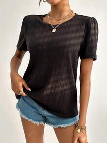 SHEIN Essnce Chất rắn Vòng cổ Áo thun - màu đen - Xem 5