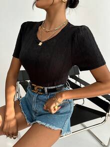 SHEIN Essnce Chất rắn Vòng cổ Áo thun - màu đen - Xem 6