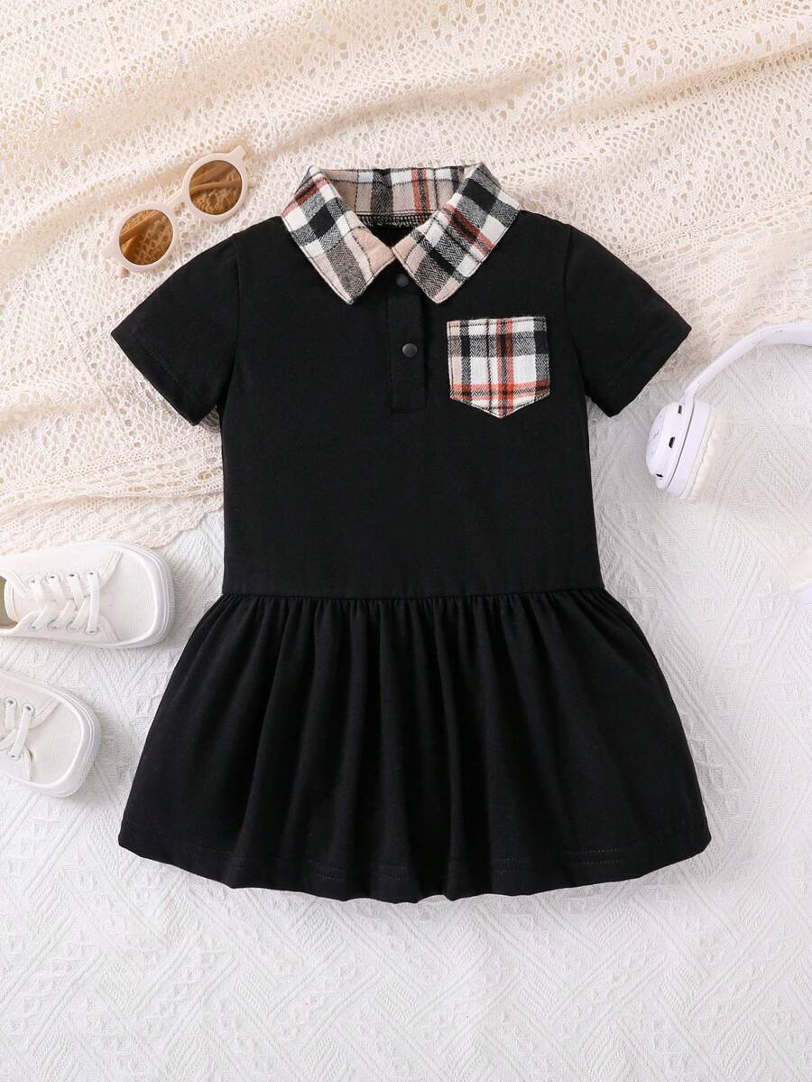 Đứa bé gái In kẻ sọc Cổ áo tương phản Xù Hoa Sen Đầm - màu đen - Xem 1