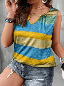 Plus Colourblock Keyhole Neck Tank Top - Multicolor - View 4