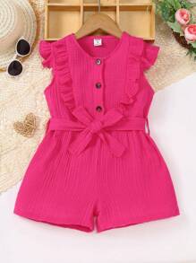 Young Girl Ruffle Trim Button Front Belted Romper - Hot Pink - View 1