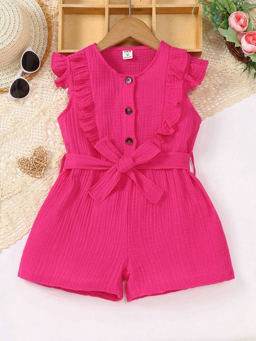 Young Girl Ruffle Trim Button Front Belted Romper - Hot Pink - View 1
