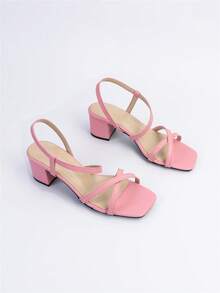 女士交叉露跟粗跟涼鞋,時尚粉色高跟涼鞋 - 粉色 - 查看 3