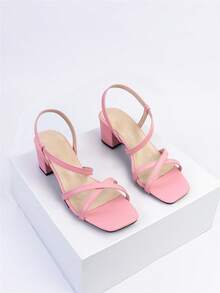 女士交叉露跟粗跟涼鞋,時尚粉色高跟涼鞋 - 粉色 - 查看 4