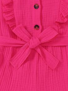 Young Girl Ruffle Trim Button Front Belted Romper - Hot Pink - View 4