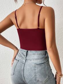 SHEIN Frenchy Solid Cami Bodysuit    Commute Minimalist Office Old Money  Simple Christmas Red Summer New Year Burgundy Casual Valentine's Day - Burgundy - View 2