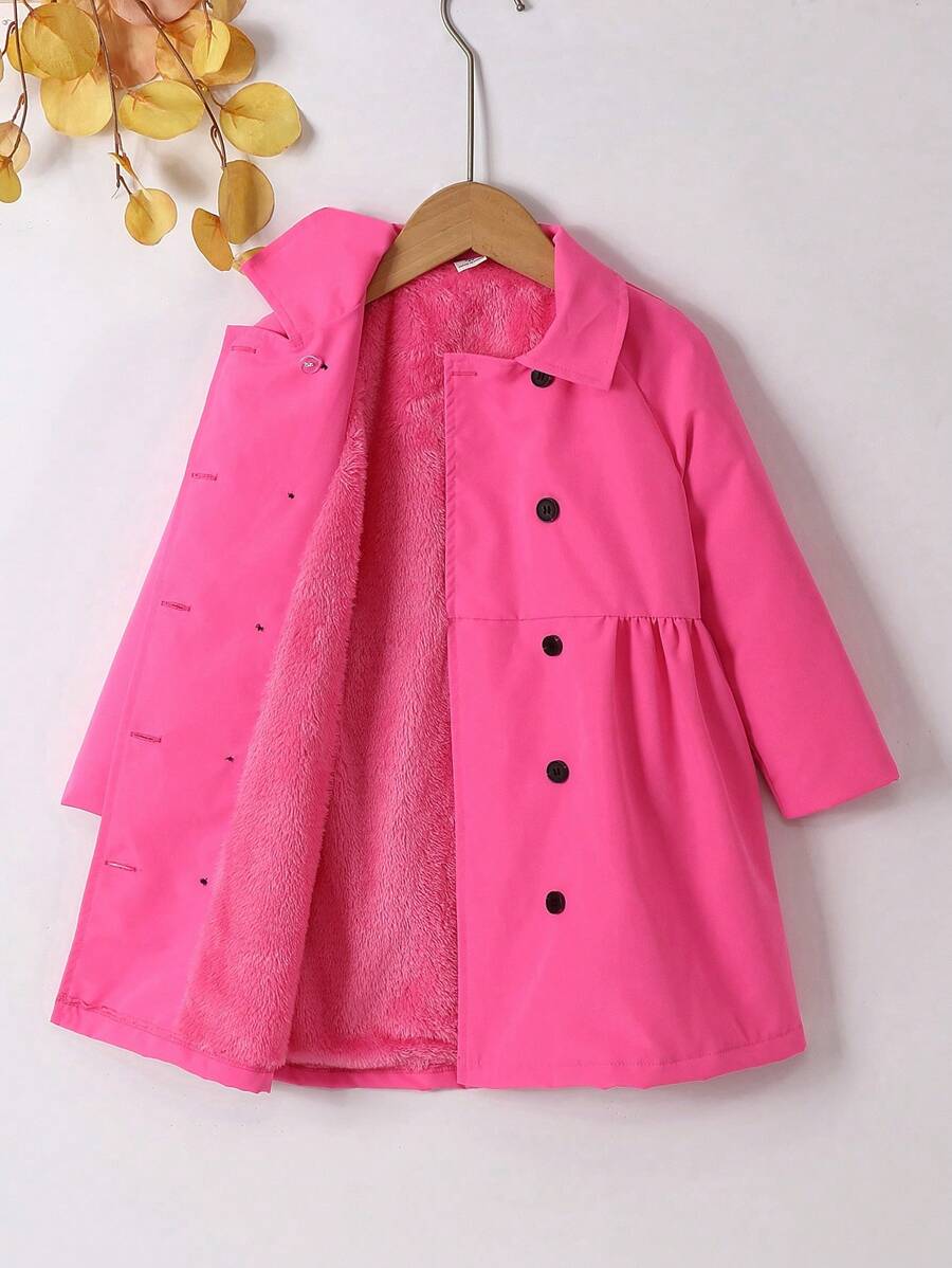 SHEIN Young Girl Raglan Sleeve Double Breasted Teddy Lined Coat - Hot Pink - View 1