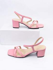 女士交叉露跟粗跟涼鞋,時尚粉色高跟涼鞋 - 粉色 - 查看 7