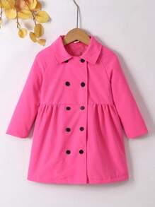 SHEIN Young Girl Raglan Sleeve Double Breasted Teddy Lined Coat - Hot Pink - View 3