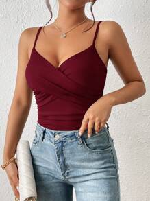 SHEIN Frenchy Solid Cami Bodysuit    Commute Minimalist Office Old Money  Simple Christmas Red Summer New Year Burgundy Casual Valentine's Day - Burgundy - View 4