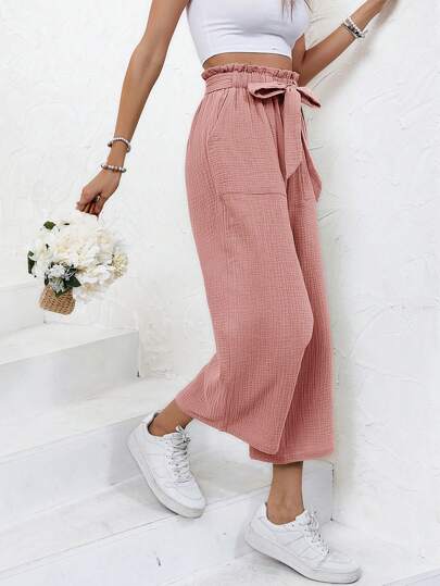 SHEIN Frenchy Papiertüte Hosen Mit Schleife Dekor, Gürtel Und Abgeschnittenen Beinen, Länge 7/9