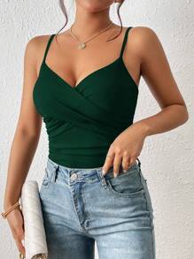 SHEIN Frenchy Solid Cami Bodysuit    Commute Minimalist Office Old Money  Simple Summer Green Casual Christmas - Dark Green - View 4