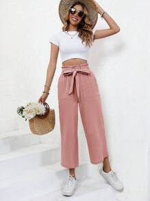 SHEIN Frenchy 蝴蝶結裝飾紙袋腰帶短褲,7/9長度 - 粉色 - 查看 3