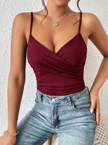 SHEIN Frenchy Solid Cami Bodysuit    Commute Minimalist Office Old Money  Simple Christmas Red Summer New Year Burgundy Casual Valentine's Day - Burgundy - View 8
