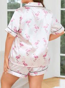 Plus Flamingo Print Contrast Piping Satin PJ Set / Pajama Set - Multicolor - View 2