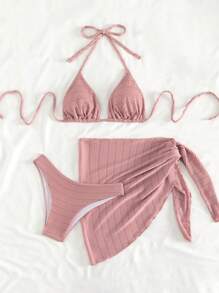Swim Mod Summer Beach Plain Halter Triangle Bikini Set With Beach Skirt - Pink - View 3
