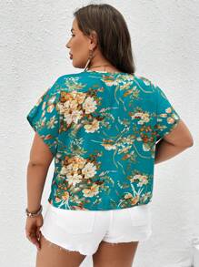 SHEIN Holidaya 大碼印花扭結下擺蝙蝠袖襯衫 - 彩色 - 查看 2