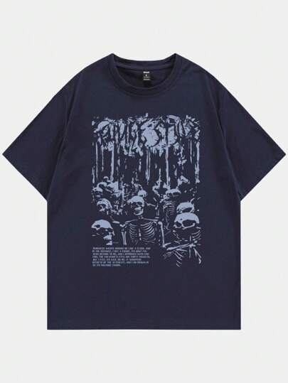 Grunge Punk Herren Halloween Skelett Grafik T-Shirt für Schule