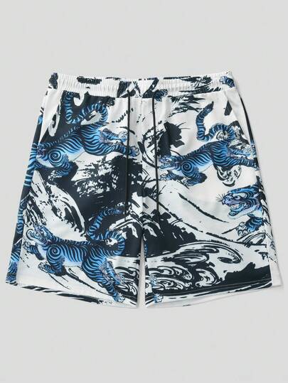 Guys Tiger Print Drawstring Waist Shorts