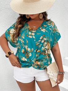 SHEIN Holidaya 大碼印花扭結下擺蝙蝠袖襯衫 - 彩色 - 查看 4