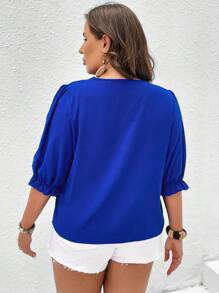 Flirla Plus Button Detail Puff Sleeve Wrap Blouse - Royal Blue - View 2