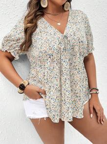 SHEIN Franclia Hơn In hoa Ditsy Nút phía trước Áo sơ mi Peplum - Nhiều màu - Xem 5