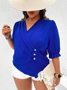 Flirla Plus Button Detail Puff Sleeve Wrap Blouse - Royal Blue - View 4