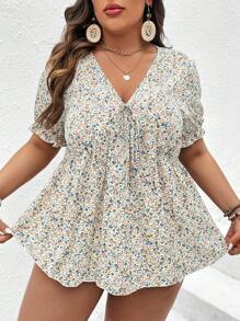 SHEIN Franclia Hơn In hoa Ditsy Nút phía trước Áo sơ mi Peplum - Nhiều màu - Xem 6