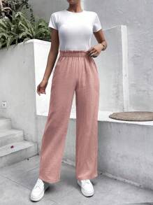SHEIN Frenchy 紙袋腰直筒褲 - 藕粉色 - 查看 1
