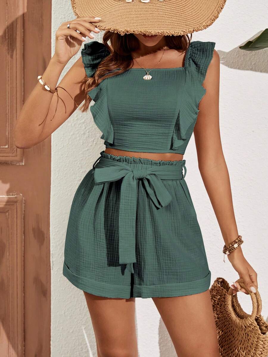 SHEIN Frenchy Ruffle Trim Crop Top & Paperbag Waist Belted Shorts Summer Green Christmas - Dark Green - View 1