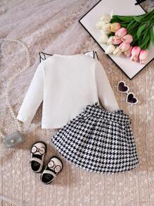 女嬰荷葉邊T恤&千鳥格印花半身裙 - 黑與白 - 查看 2