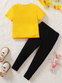 Elladie kids 2pcs/Set Young Girl Cat Print Crew Neck Short Sleeve Cotton T-Shirt And Black Cat Print Casual Pants, Comfortable & Fashionable Spring Summer Outfit,Holiday,Summer,Travel Summer Holiday