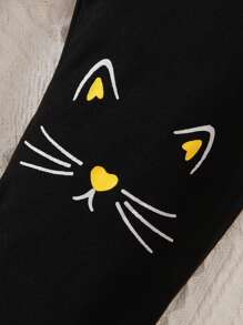 Elladie kids 2pcs/Set Young Girl Cat Print Crew Neck Short Sleeve Cotton T-Shirt And Black Cat Print Casual Pants, Comfortable & Fashionable Spring Summer Outfit,Holiday,Summer,Travel Summer Holiday