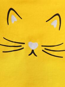 Elladie kids 2pcs/Set Young Girl Cat Print Crew Neck Short Sleeve Cotton T-Shirt And Black Cat Print Casual Pants, Comfortable & Fashionable Spring Summer Outfit,Holiday,Summer,Travel Summer Holiday