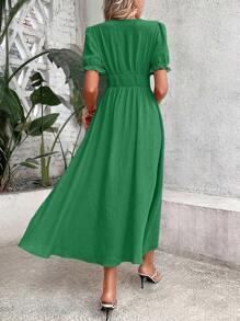 SHEIN VCAY Solid Button Front Puff Sleeve A-line Dress - Green - View 2