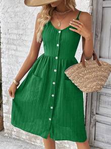 SHEIN VCAY 雙口袋前紐扣吊帶連衣裙 - 綠色 - 查看 1