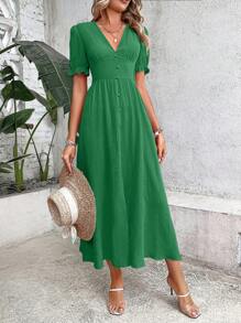 SHEIN VCAY Solid Button Front Puff Sleeve A-line Dress - Green - View 4