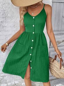 SHEIN VCAY 雙口袋前紐扣吊帶連衣裙 - 綠色 - 查看 7