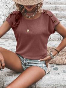 SHEIN LUNE 紐扣細節蝙蝠袖T恤 - 紅木色 - 查看 1