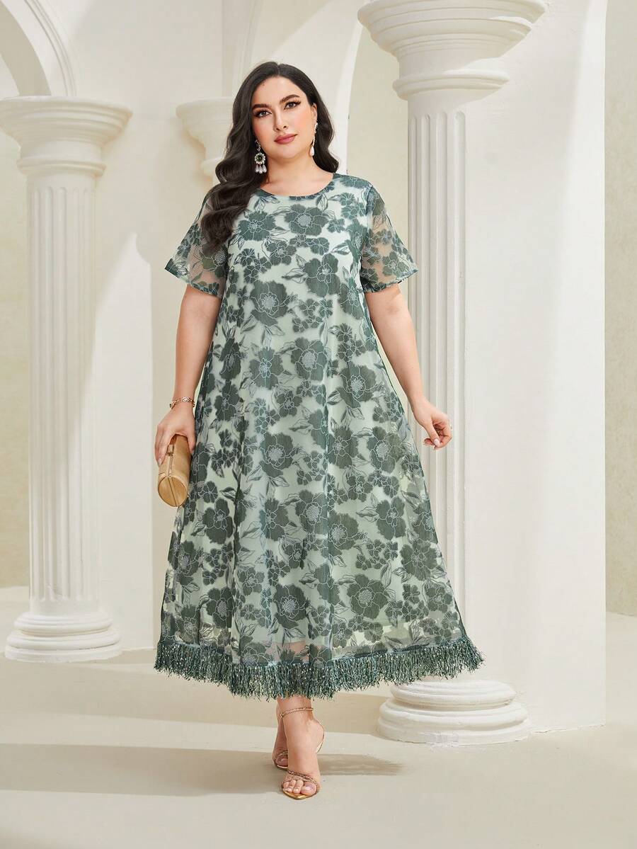 Al Najma Plus Floral Print Fringe Hem Dress - Dark Green - View 1