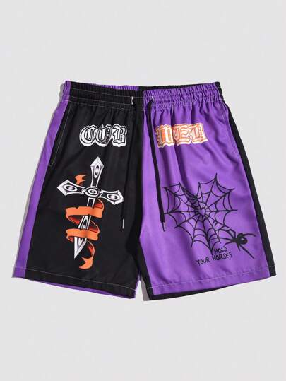 Guys Letter Graphic Two Tone Drawstring Waist Shorts