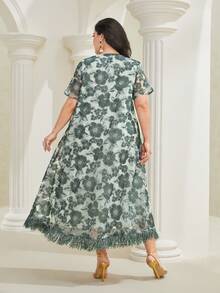 Al Najma Plus Floral Print Fringe Hem Dress - Dark Green - View 2